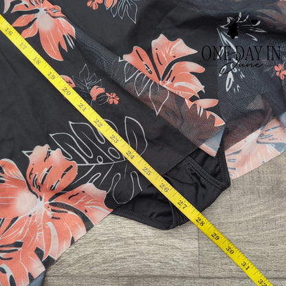 CharmLeaks Floral Mesh Swimdress One Piece Swimsuit Black Coral Size L