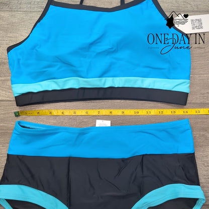 Charmo Colorblock Crop Top Bikini Swimsuit Blue Black High Waist NWT Size L