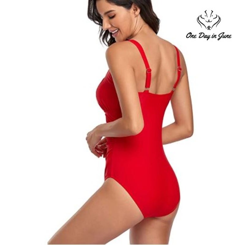 Upopby Ruched Slimming One Piece Swimsuit Red Tummy Control Size S