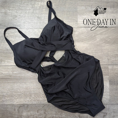 Eomenie Tummy Control Cutout Tie Back One Piece Swimsuit Black NWT Size S