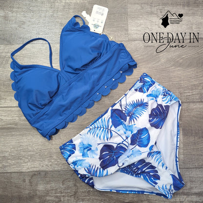 PatPat PatPat Scallop Edge High Waist Bikini Swimsuit Blue Tropical NWT Size L