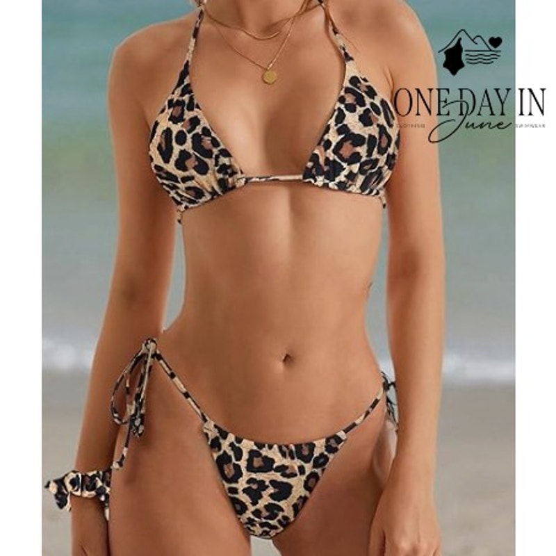 CharmLeaks Leopard Triangle Tie Side Ruched Bikini Swimsuit Size S