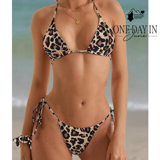 CharmLeaks Leopard Triangle Tie Side Ruched Bikini Swimsuit Size S