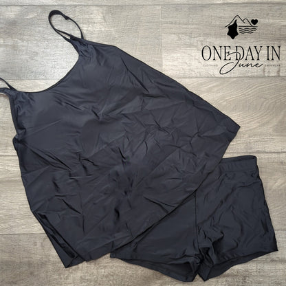 Adisputent Boyshort Tankini Swimsuit Black Scoop Neck Adjustable Strap Size M