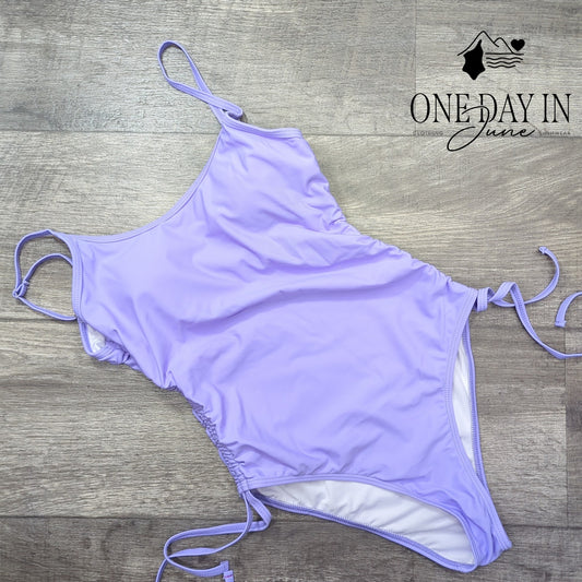 CharmLeaks Drawstring Side One Piece Swimsuit Purple Ruched New Size S