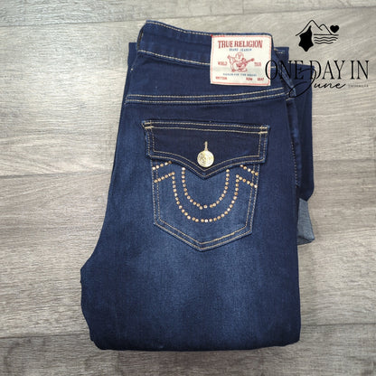 True Religion Joey Crystal Flap Flare Jeans Dark Wash NWT $184 Size 8 (29)