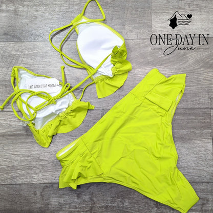 Sporlike Triangle Ruffle High Waist Bikini Swimsuit Lime Green NWT Size XL