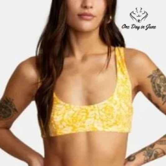 RVCA Forever Bralette Reversible Bikini Top Yellow Floral Stripe NWT Size M