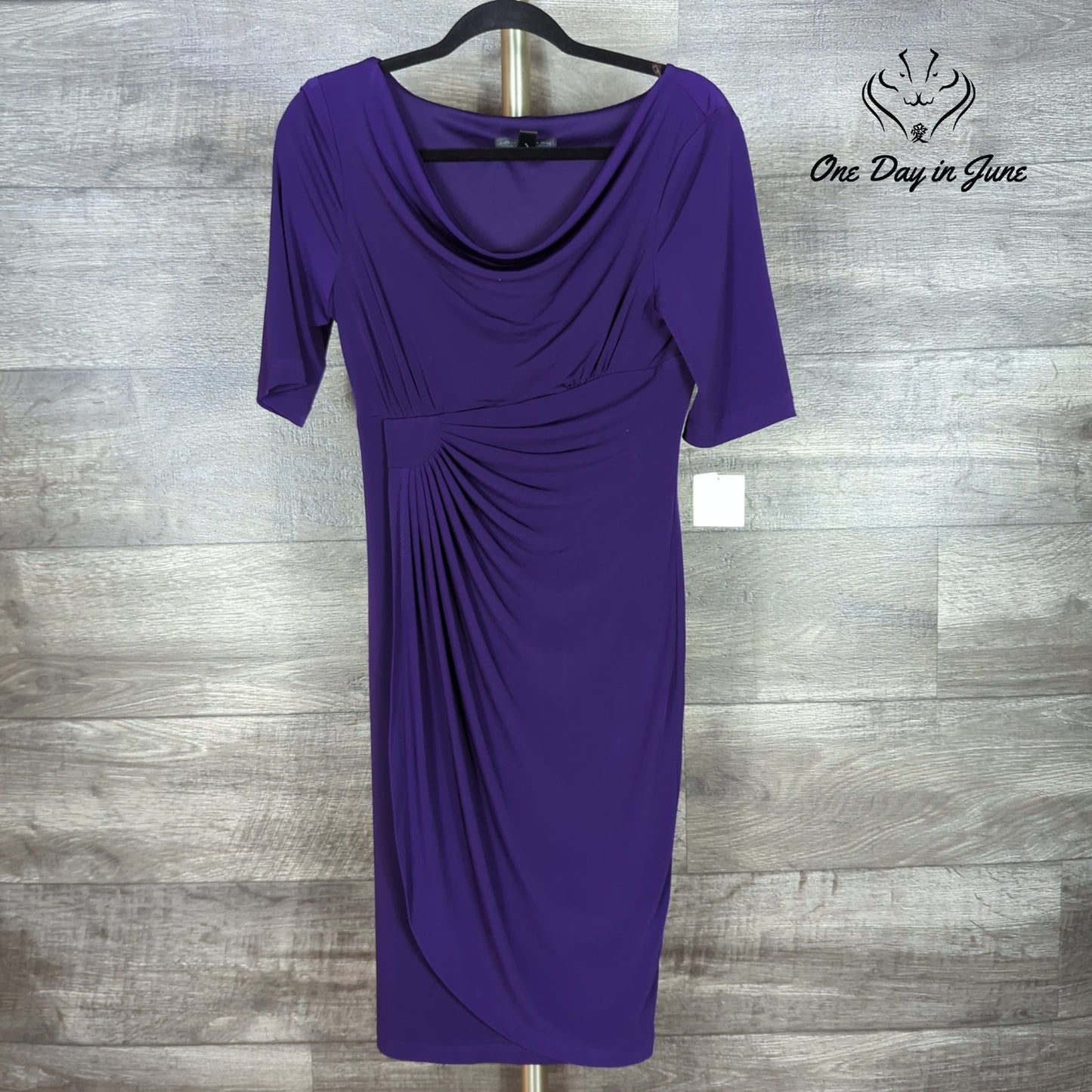 Connected Apparel Ruched Cowl Neck Sheath Dress Eggplant Purple NWT Size 6