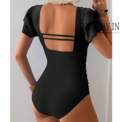 Eomenie Ruffle Shoulder One Piece Swimsuit Black Ruched Square Neck NWT Size M