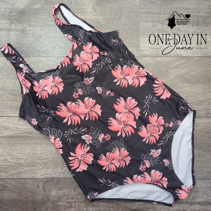 Zando Cross Back One Piece Swimsuit Black Pink Floral Size 2XL