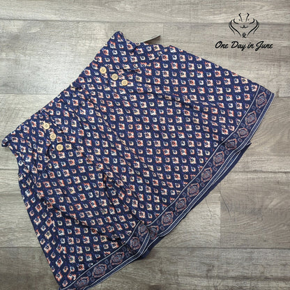 Maurices Pull On Skirt Navy Ikat Print Border Hem Button Detail NWT Size L