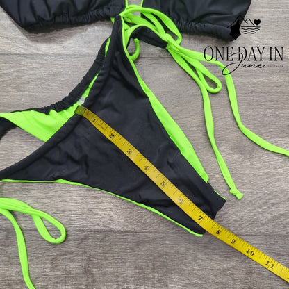 CharmLeaks Womens Triangle Tie Side Bikini Swimsuit Black Neon Green Size L