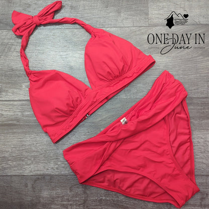 Yonique Halter Bikini Swimsuit Red Twist Front High Waist Two Piece NWT Size M