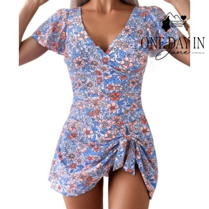 Aleumdr Ruffle Shoulder Swimdress One Piece Swimsuit Size M