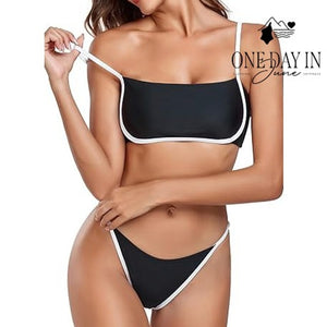Relleciga Black White Trim Tie Back Bikini Swimsuit NWT Size L