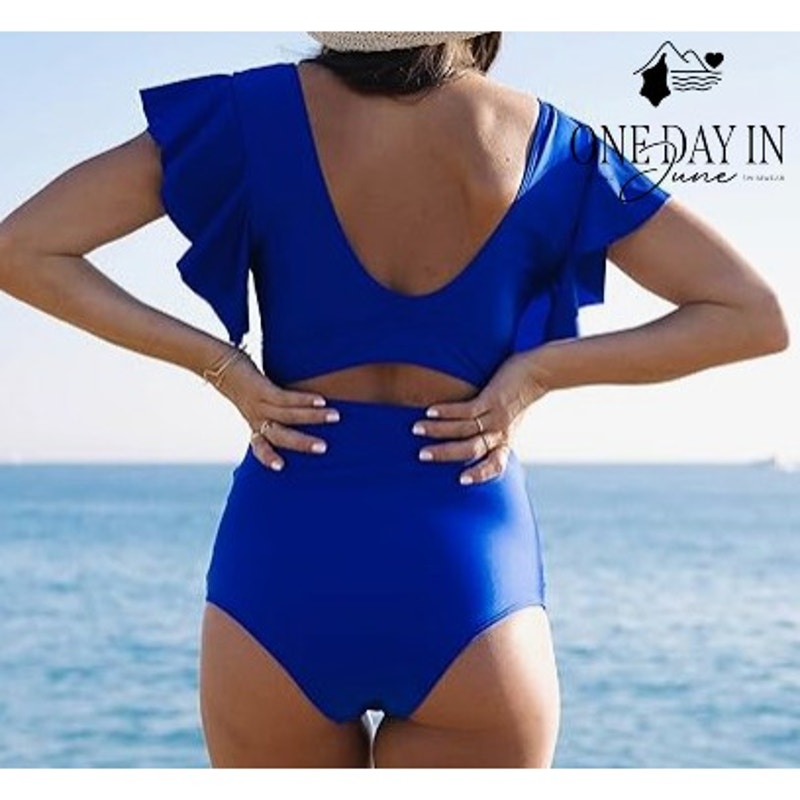 Sporlike Ruffle Shoulder High Waist Bikini Swimsuit Royal Blue NWT Size L
