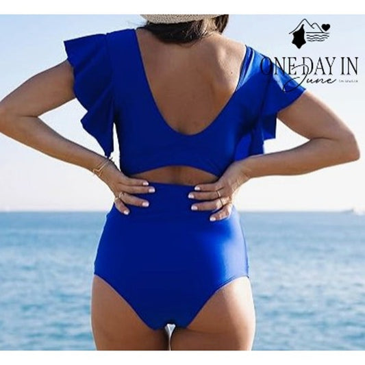 Sporlike Ruffle Shoulder High Waist Bikini Swimsuit Royal Blue NWT Size L