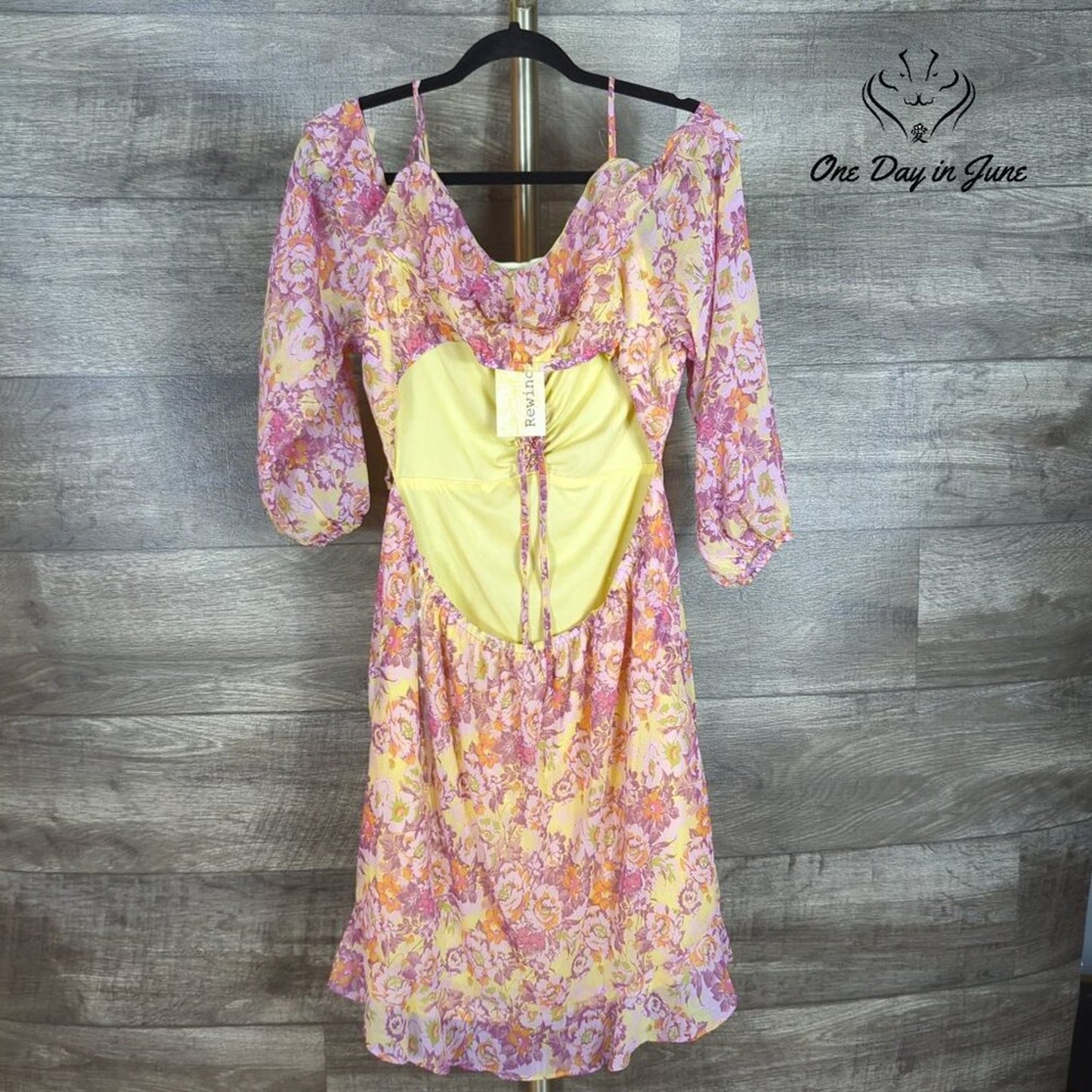 Rewind Open Back Floral Mini Dress Pink Yellow Chiffon Ruffle NWT Size XXL