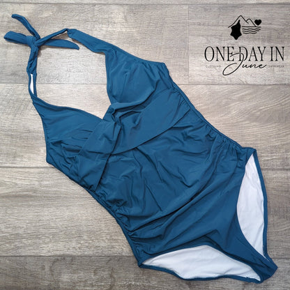 Aleumdr Cross Front Halter One Piece Swimsuit Teal Blue Ruched Size M