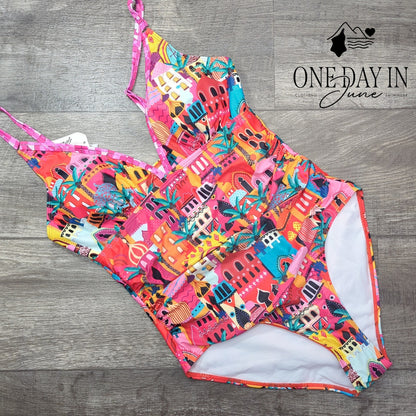Sporlike Womens Tummy Control One Piece Swimsuit Colorful Print Pink Size M