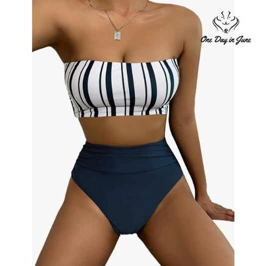 SweatyRocks Striped Bandeau High Waist Bikini Swimsuit Size M