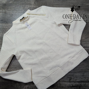 Talbots Petite Textured Jacquard Sweatshirt Side Zip Ivory NWT $89.50 Size PS