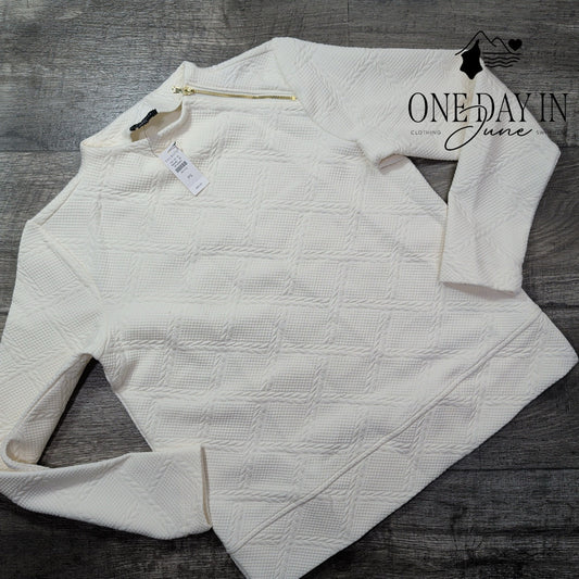 Talbots Petite Textured Jacquard Sweatshirt Side Zip Ivory NWT $89.50 Size PS