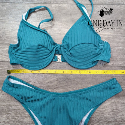 CharmLeaks Womens Ribbed Underwire Cheeky Bikini Swimsuit Teal Blue Size M
