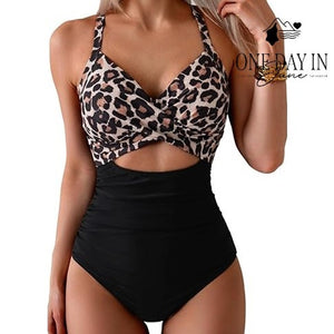 Eomenie Leopard Print Cross Front Cut Tie Back One Piece Swimsuit NWT Size XL