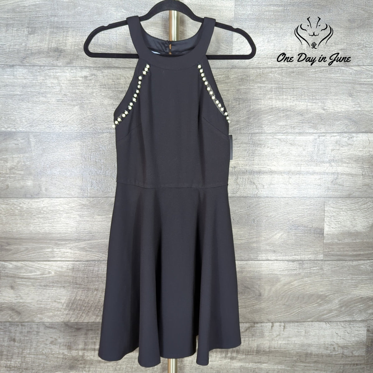 ByxBy Pearl Embellished Fit Flare Dress Black Sleeveless NWT Juniors Size 9