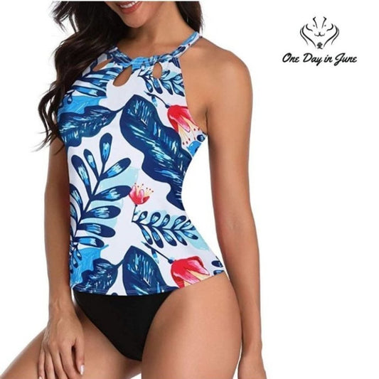 Yonique Halter Floral High Neck Keyhole Tankini Size S