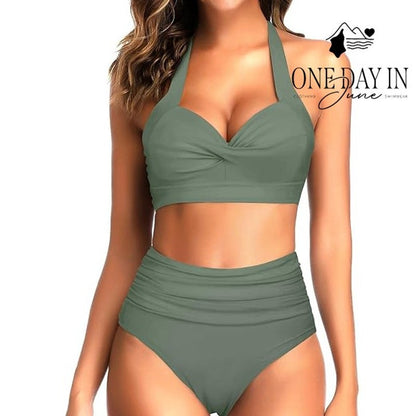 Tempt Me Cross Front High Waisted Bikini Swimsuit Sage Green NWT Size M