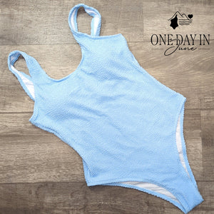 Aleumdr Smocked Cheeky One Piece Swimsuit Light Blue Textured Size M