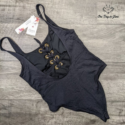 California Waves Junior's Textured Grommet Lace Up One Piece Swimsuit Size L