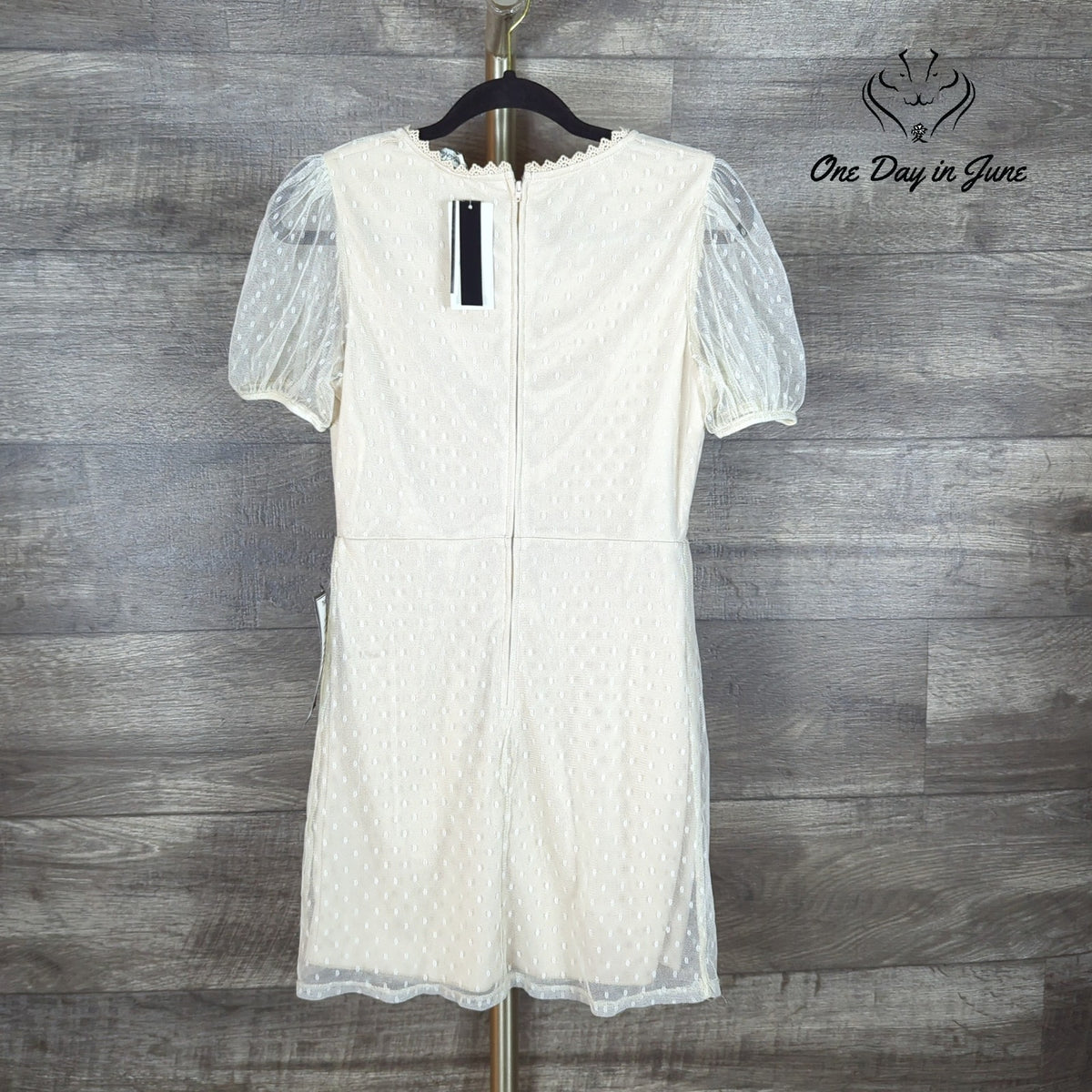 Speechless Swiss Dot Mesh Mini Dress Natural Puff Sleeve Lace Trim NWT Size S