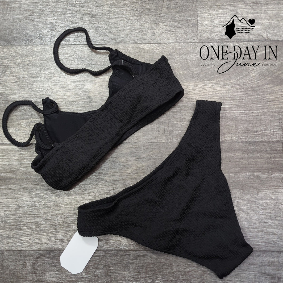 Soly Hux Smocked Textured Crop Bikini Swimsuit Black 2 Piece NWT Size S