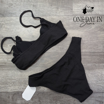 Soly Hux Smocked Textured Crop Bikini Swimsuit Black 2 Piece NWT Size S