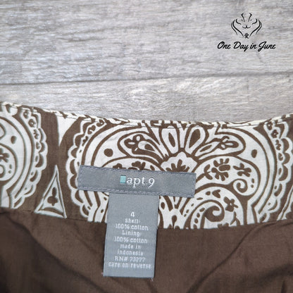 Apt. 9 Paisley A-Line Midi Skirt Brown Cream 100% Cotton Boho Size 4