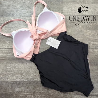 Eomenie Cross Front Cutout One Piece Swimsuit Pink Black NWT Size M