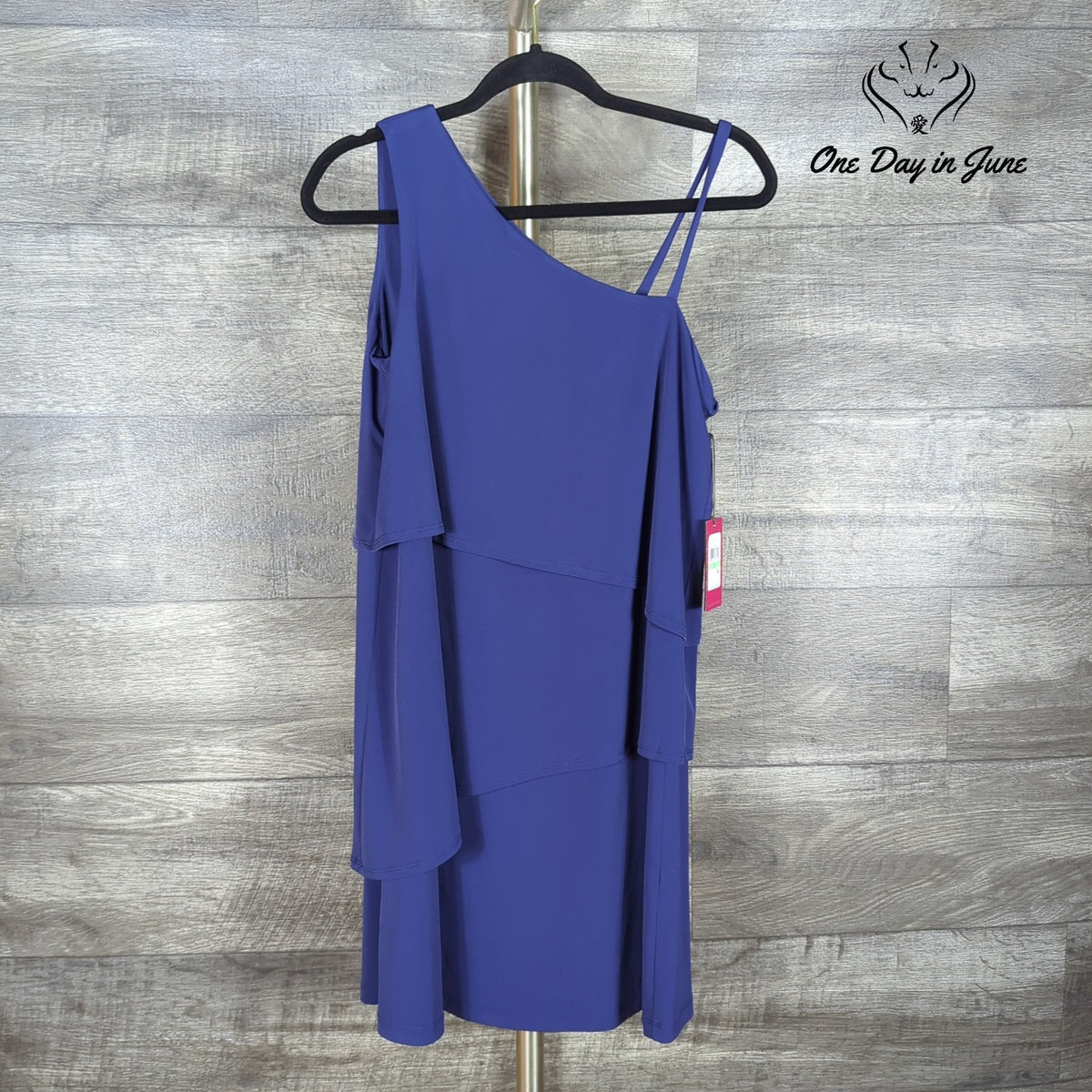 Vince Camuto One Shoulder Tiered Ruffle Cocktail Mini Dress Navy NWT Size 8