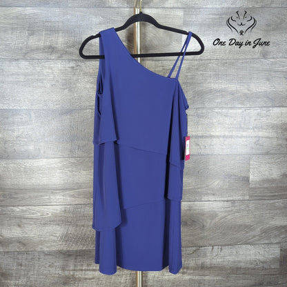 Vince Camuto One Shoulder Tiered Ruffle Cocktail Mini Dress Navy NWT Size 8