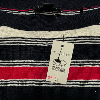 Talbots Striped Knit Sweater Navy Pink Ivory Gold Shoulder Buttons Size XS