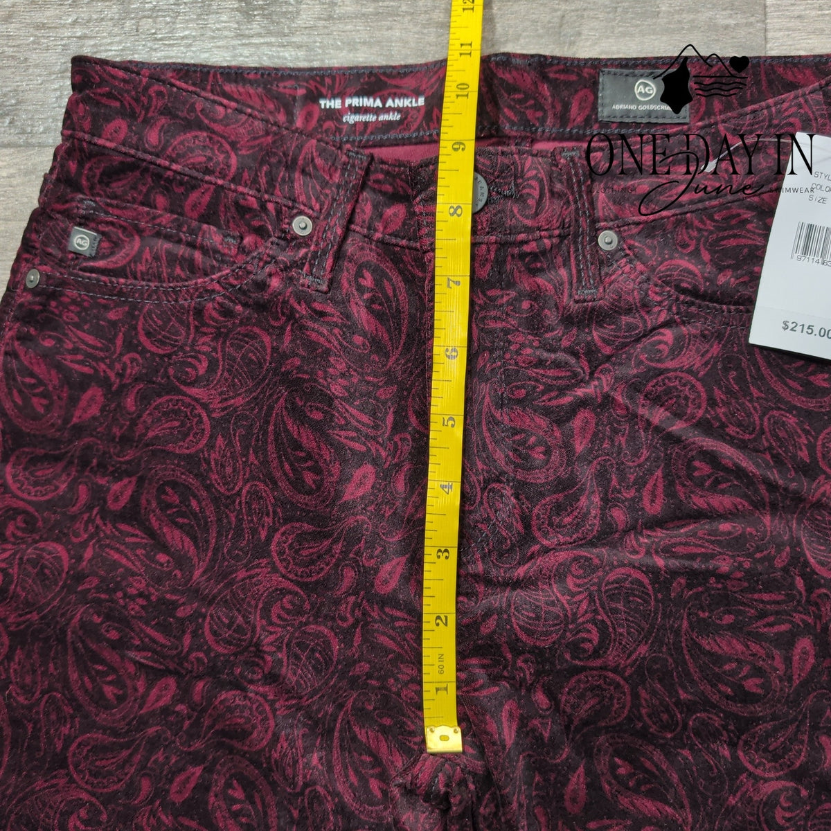 AG Adriano Goldschmied Prima Ankle Velveteen Jeans Burgundy Paisley NWT Size 4