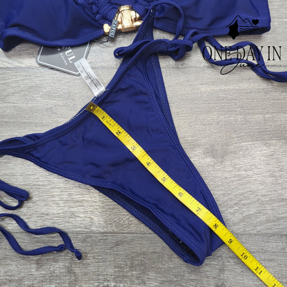 Zaful Bandeau Tie Side Bikini Swimsuit Navy Blue Gold Hardware NWT Size M