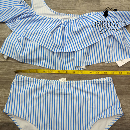 Vimpunec One Shoulder Ruffle High Waist Bikini Blue Stripe NWT Size M