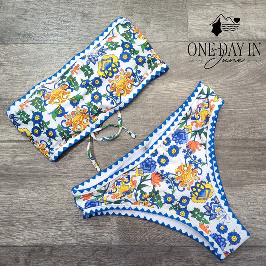 Zaful Floral Paisley Bandeau Bikini Swimsuit Blue White NWT Size S
