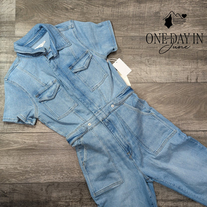 Good American Fit For Success Denim Jumpsuit Blue Short Sleeve NWT Size M