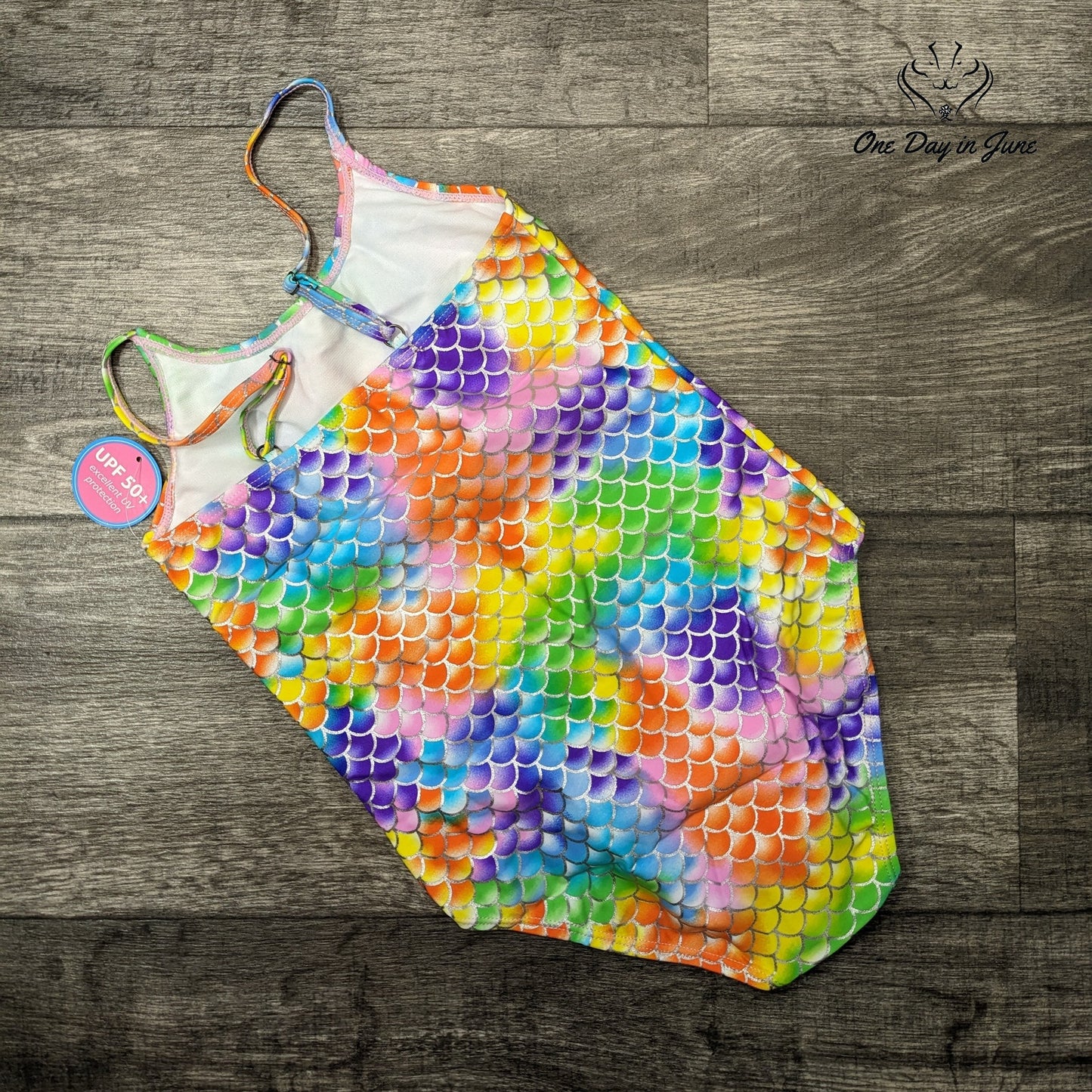 Sanifer Girls Mermaid Scales One Piece Swimsuit Rainbow NWT UPF 50+ Size 9-10