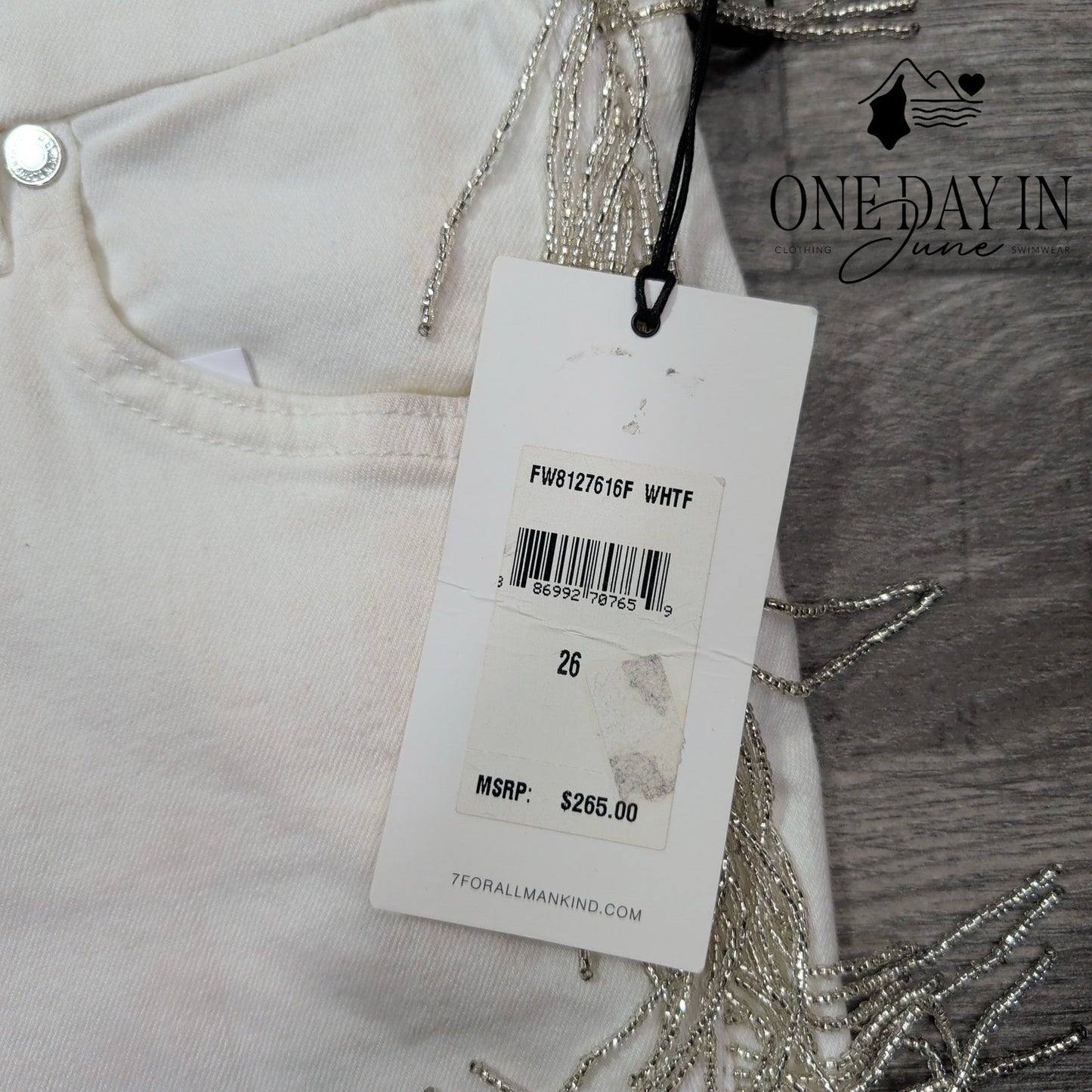 7 For All Mankind Jeans White Beaded Fringe Mid Rise Ankle Skinny NWT Size 2 (26